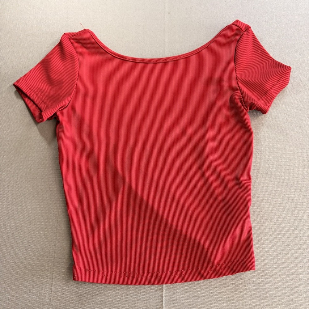 Dazy Womens M Red Ribbed Low Back Fitted Top Balletcore Y2K Stretch Tee